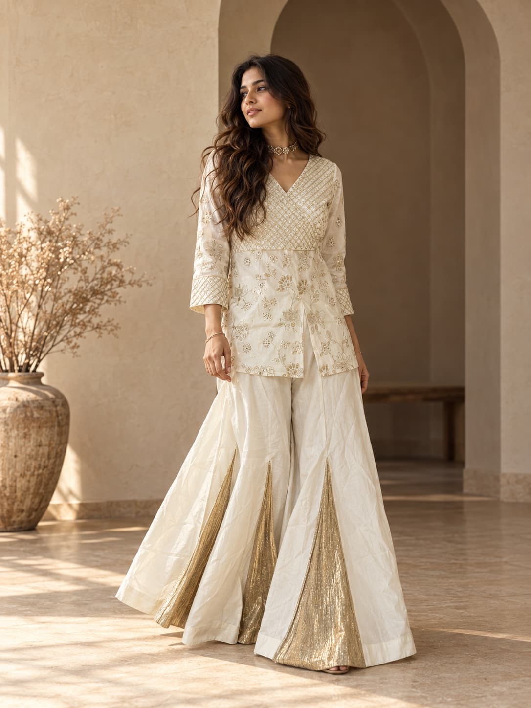 A woman in an ivory wrap kurta with a gold sequinned yoke and a wide sharara with gold tissue panels